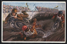 Delcampe - Künstler-AK Tom Fischer: Motorradfahrer Stürzt Bei Einem Motorradrennen Auf Der Aschenbahn - Motorräder