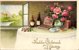 Delcampe - CPA Glückwunsch Zum Geburtstag, Geschenktisch Mit Blumenvase - Geburtstag