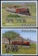 Delcampe - Uganda 1988 Locomotives 2 S/s, Mint NH, Nature - Transport - Elephants - Railways - Trains