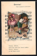 Delcampe - Künstler-AK A. Bertiglia: Donna!, Mädchen Droht Mit Dem Teppichklopfer, Italienisches Lied - Bertiglia, A.