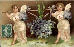 Delcampe - Gaufré CPA Zwei Engel Mit Blumenstrauß, Schultertrage, Veilchen - Engel