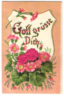 Delcampe - Stoff-Präge-AK Gott Grüsse Dich, Stoffblumen - Sonstige & Ohne Zuordnung