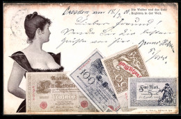 Delcampe - AK Reichsbanknote 100 Mark, 5 Mark, 1000 Mark - Monedas (representaciones)