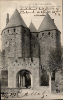 Delcampe - CPA Cite De Carcassonne Porte De La Tour Narbonnaise Statue De Mme Carcas - Carcassonne