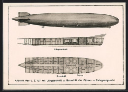 Delcampe - AK Ansicht Des LZ 127 Graf Zeppelin Mit Längsschnitt Und Grundriss Der Führer- U. Fahrgastgondel - Zeppeline