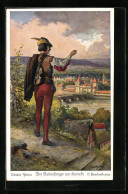 Delcampe - Künstler-AK Oskar Herrfurth: Der Rattenfänger Von Hameln Blickt Auf Die Stadt - Märchen, Sagen & Legenden