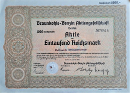 Delcampe - Braunkohle-Benzin A.G. Berlin - 1936 - Aktie üer 1000 RM - Autres & Non Classés