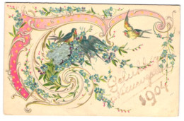 Delcampe - Stoff-Präge-AK Schwalben Auf Einem Strauch Vergissmeinnicht, Einige Blüten Aus Stoff - Sonstige & Ohne Zuordnung