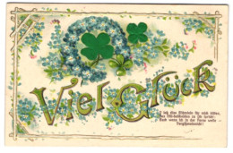 Delcampe - Stoff-Präge-AK Vergissmeinnicht Und Zwei Glückskleeblätter, Letztere Aus Stoff - Sonstige & Ohne Zuordnung
