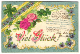 Delcampe - Stoff-Präge-AK Rosenzweig Mit Vierblättrigen Kleeblättern - Sonstige & Ohne Zuordnung