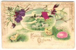 Delcampe - Stoff-Präge-AK Zwei Lämmer Und Küken Auf Einer Wiese, Eine Flagge Und Zwei Veilchen Aus Stoff, Osterkarte - Sonstige & Ohne Zuordnung