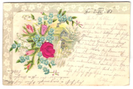 Delcampe - Stoff-Präge-AK Wassermühle Im Blumen-Passepartout, Zwei Rosen Aus Stoff - Sonstige & Ohne Zuordnung