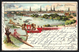 Delcampe - Lithographie Hamburg, Alster Panorama, Ruderer Im Boot, Segelboote, Dampfer - Mitte