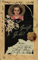 Delcampe - Gaufré Lithographie Grüß Gott, Schiefertafel Mit Schwamm, Mädchenportrait, Edelweiß - Einschulung