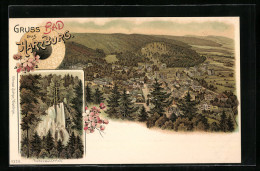 Delcampe - Lithographie Harzburg, Gesamtansicht, Radauwasserfall - Bad Harzburg