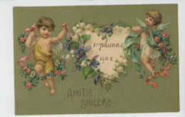Delcampe - ENFANTS - ANGES - Jolie Carte Fantaisie Gaufrée Angelots Fleurs Formant Un Coeur "Amitié Sincère " (embossed Card) - Engelen