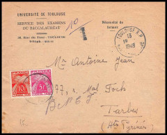 Delcampe - 13770 Taxe Gerbe Université De Toulouse 1949 Pour Tarbes France Lettre Cover - 1859-1959 Brieven & Documenten