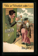 Delcampe - Künstler-AK Frau Verabschiedet Tränenreich Und Hochschwanger Ihren Gatten - Humor