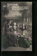 Delcampe - AK Am Elterngrab, Frau Trauert In Einer Zaubernacht Am Grab Ihrer Eltern - Beerdigungen