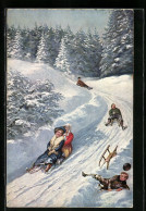 Delcampe - Künstler-AK Rodelfahrt Mit Schlitten Im Verschneiten Wald - Wintersport