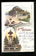 Delcampe - Lithographie Wiesbaden, Neues Kgl. Theater, Bodenstedt-Denkmal - Theater