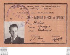 Delcampe - AUBENAS - SPORT - FEDERATION FRANCAISE DE BASKET - BALL - CARTE D ' ARBITRE OFFICIEL DE DISTRICT - 1942 - 43 - 2 SCANS - Aubenas