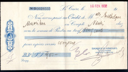 Delcampe - A 978  1932 BANQUE D'ATHENES CAIRO BRANCH,ATHENS BANK CHECK FOR 900 P.FOLDED VERTICALLY - Chèques & Chèques De Voyage