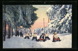 Delcampe - AK Winter-Idylle, Menschen Auf Schlitten - Wintersport