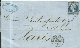 Delcampe - FRANCE   LETTRE 20c NP  AMBULANT NANTES A PARIS (E) DE 1856 - Bahnpost