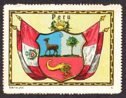 Delcampe - Peru - COAT OF ARMS - FLAG / LABEL CINDERELLA VIGNETTE 1910 GERMANY Cinchona Tree Cornucopia Vicuña Sun - Pérou
