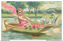 Delcampe - AZAP8-0709-ANGE - Amitié Sincère BARQUE FLEURIE ET CYGNES - Engel