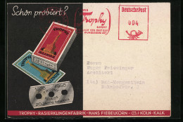 Delcampe - AK Trophy-Rasierklingenfabrik Hans Fiebelkorn, Köln-Kalk, Rasierklinge Und Schachtel - Werbepostkarten