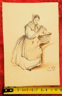 Delcampe - Attribué à CAMILLE PISSARRO(1830-1903)Dessin Original Mine De Plomb Lavis Femme De Paysan Au Panier Scène Rurale Impre - Zeichnungen