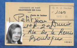 Delcampe - Carte De Membre Paris Université Bibliothèque Des CHU Carte De Lecteur Hôpital Necker Jeune Fille Photo D'identité 1972 - Tessere Associative