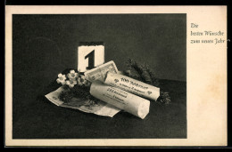 Delcampe - AK Münzrollen, Geldscheine Und Kalenderblatt, Die Besten Wünsche Zum Neuen Jahr! - Münzen (Abb.)