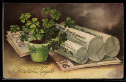 Delcampe - AK Frohes Neues Jahr, Glücksklee, Münzrollen Und Geldscheine - Münzen (Abb.)