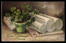 Delcampe - AK Frohes Neues Jahr, Glücksklee, Münzrollen Und Geldscheine - Münzen (Abb.)