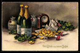Delcampe - AK Geld Mit Kleeblättern, Sektflaschen Und Fliegenpilzen, Neujahrswünsche - Münzen (Abb.)
