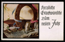 Delcampe - AK Glückwünsche Zum Neuen Jahr, Hufeisen Und Geld - Münzen (Abb.)