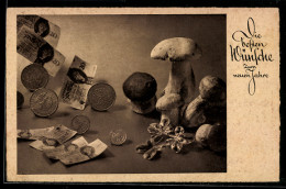 Delcampe - AK Münzen, Geldscheine, Pilze Und Kleeblätter - Münzen (Abb.)