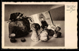 Delcampe - AK Stillleben Mit Geldsack, Banknoten, Münzen, Kleeblättern Und Pilzen, Glück Im Neuen Jahr - Münzen (Abb.)