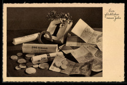 Delcampe - AK Ein Glückliches Neues Jahr, Kalender Und Geld - Münzen (Abb.)