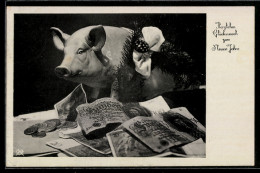 Delcampe - AK Schwein Mit Banknoten Und Geldmünzen, Glückwunsch Zum Neuen Jahr - Münzen (Abb.)