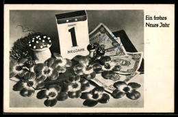 Delcampe - AK Kalenderblatt Wird Von Geldscheinen Und Kleeblättern Eingerahmt, Ein Frohes Neues Jahr! - Münzen (Abb.)