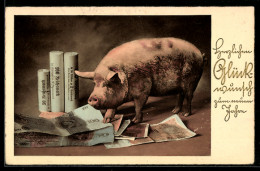 Delcampe - AK Schwein Beschnuppert Münzrollen Und Geldscheine, Glückwunsch Zum Neuen Jahr! - Münzen (Abb.)
