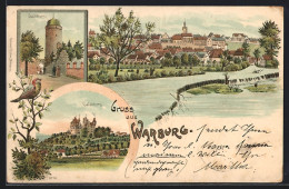 Delcampe - Lithographie Warburg, Sackthurm, Calenberg, Ortsansicht Mit Fluss - Warburg
