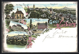 Delcampe - Lithographie Warburg, Schule, Ortspartie Mit Post, Burg-Kapelle, Totalansicht - Warburg