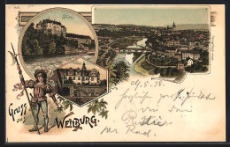 Delcampe - Lithographie Weilburg, Viehhof, Schloss, Ortsansicht Mit Brücke Aus Der Vogelschau - Weilburg
