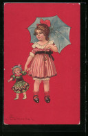 Delcampe - Künstler-AK E. Colombo: Mädchen Mit Schirm Und Puppe An Der Hand - Colombo, E.