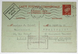 Delcampe - ENTIER PETAIN 80C CP COMMERCIALE TAXE PERCU LYON RP 1942 + CHAMBRE DE COMMERCE POUR NEUILLY - 1941-42 Pétain
